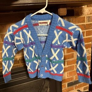 Vintage Barrel Blue Knit Cardigan w/ Red and White Pattern Sz 6 Grandmacore 90s
